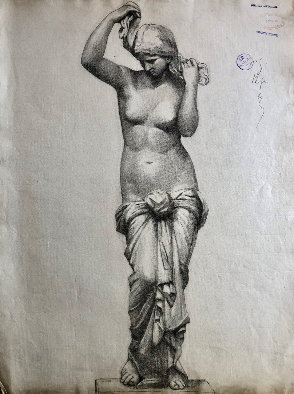 Venus leaving the bath — charcoal on paper signed on the back and dated 1896 — 62 x 47 cm