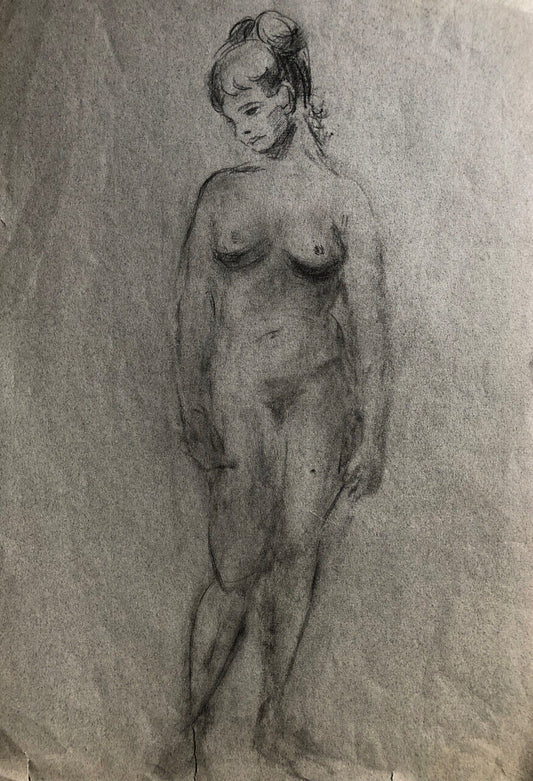 Female nude — academic charcoal drawing on a gray notebook page — 44x30 cm