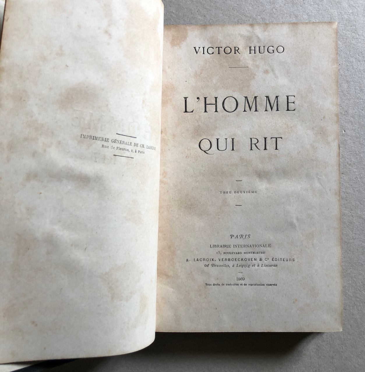 Victor Hugo — L'Homme qui rit — é.o. — A. Lacroix, Verboeckhoven & cie — 1869.