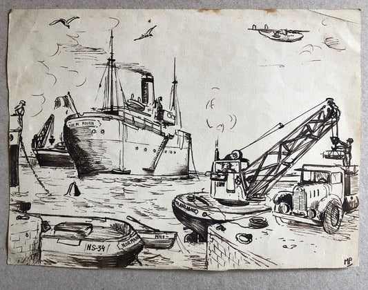 The City of Rouen leaving the port — ink drawing monogrammed lower right
