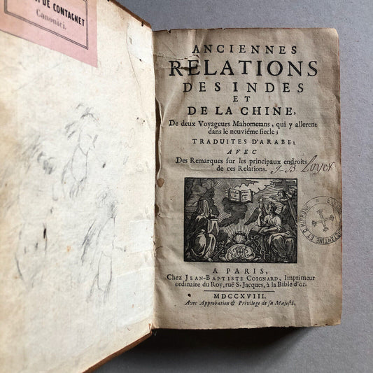 [Eusèbe Renaudot] — Relations des Indes et de la Chine au IXe siècle — é.o. 1718