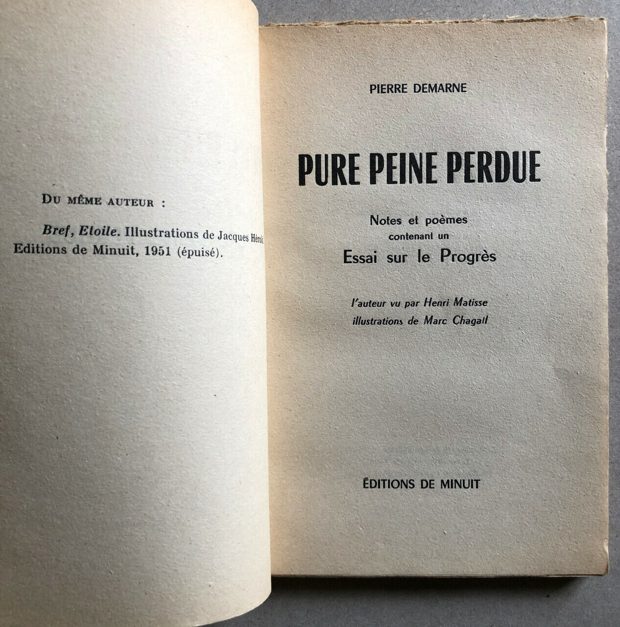[Matisse, Chagall]Pierre Demarne — Pure Peine perdue — poème & dessin originaux.