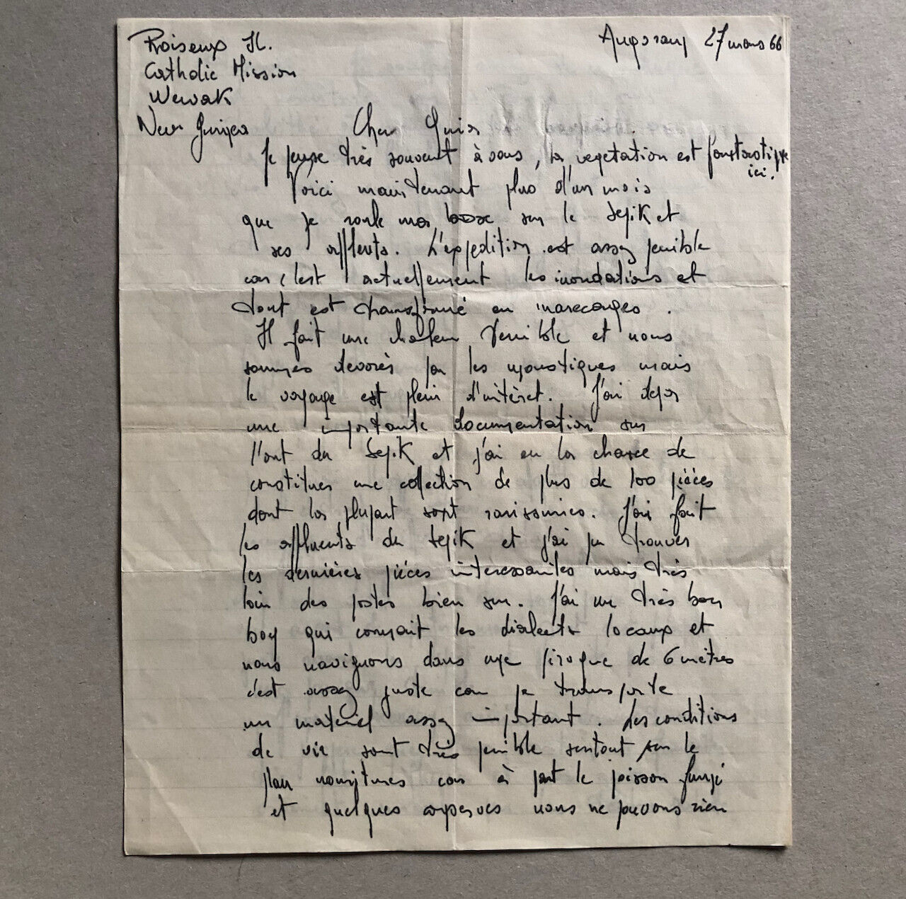 Jean Guiart — Fleuve Sepik Nouvelle Guinée  Lettre manuscrite — Kerchache — 1967