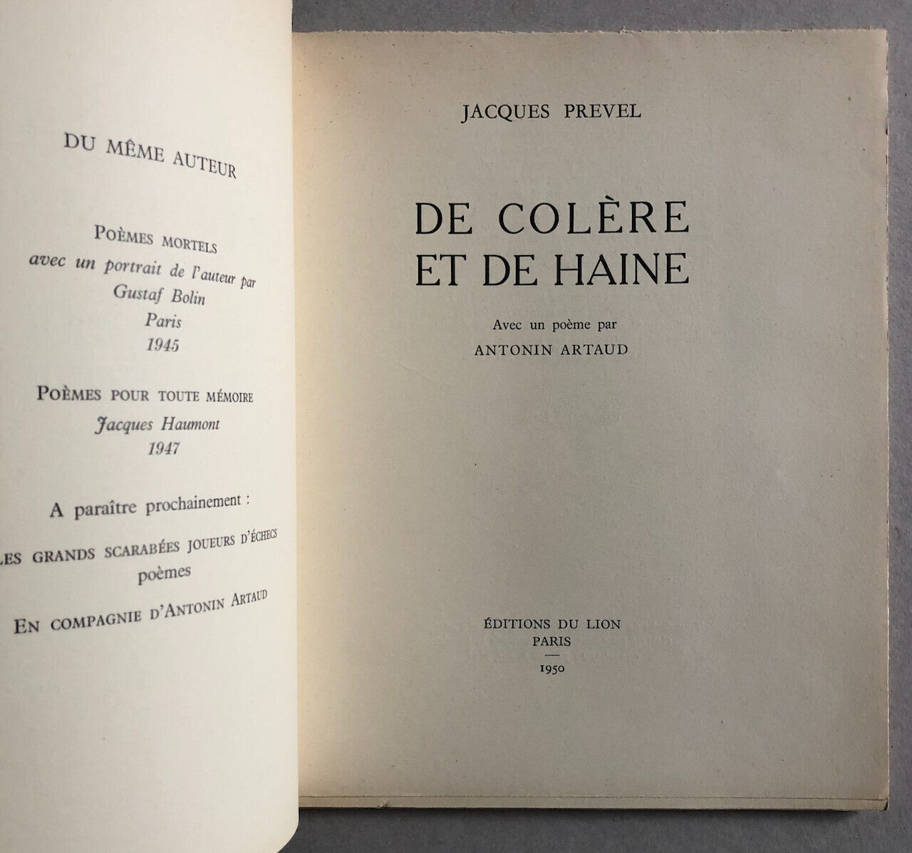 [Antonin Artaud]Jacques Prevel — De Colère et de haine — é.o. — éd. du Lion 1950