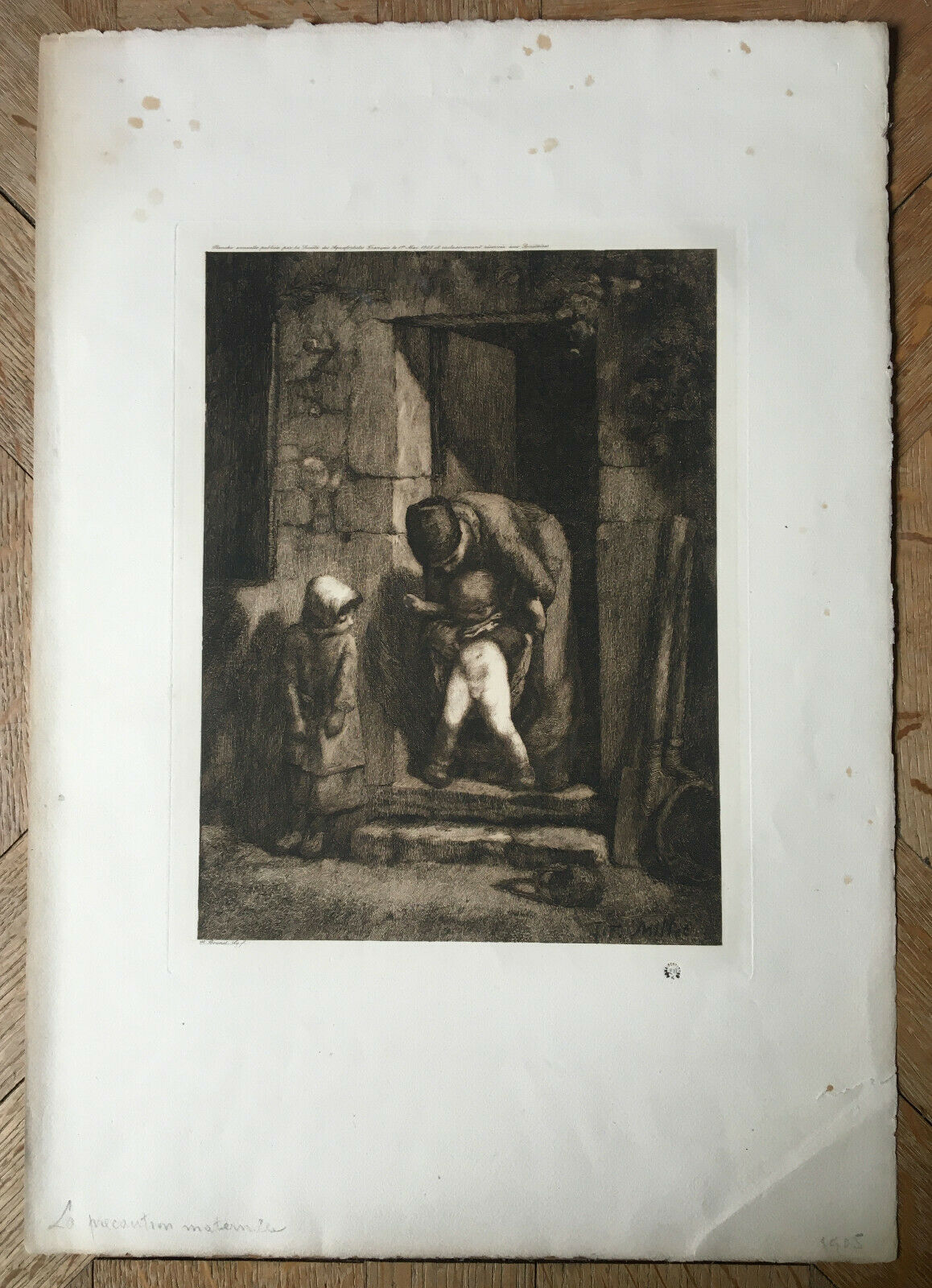JEAN-FRANÇOIS MILLET - MATERNAL PRECAUTION - SIGNED ETCHING AND N° - 1905.
