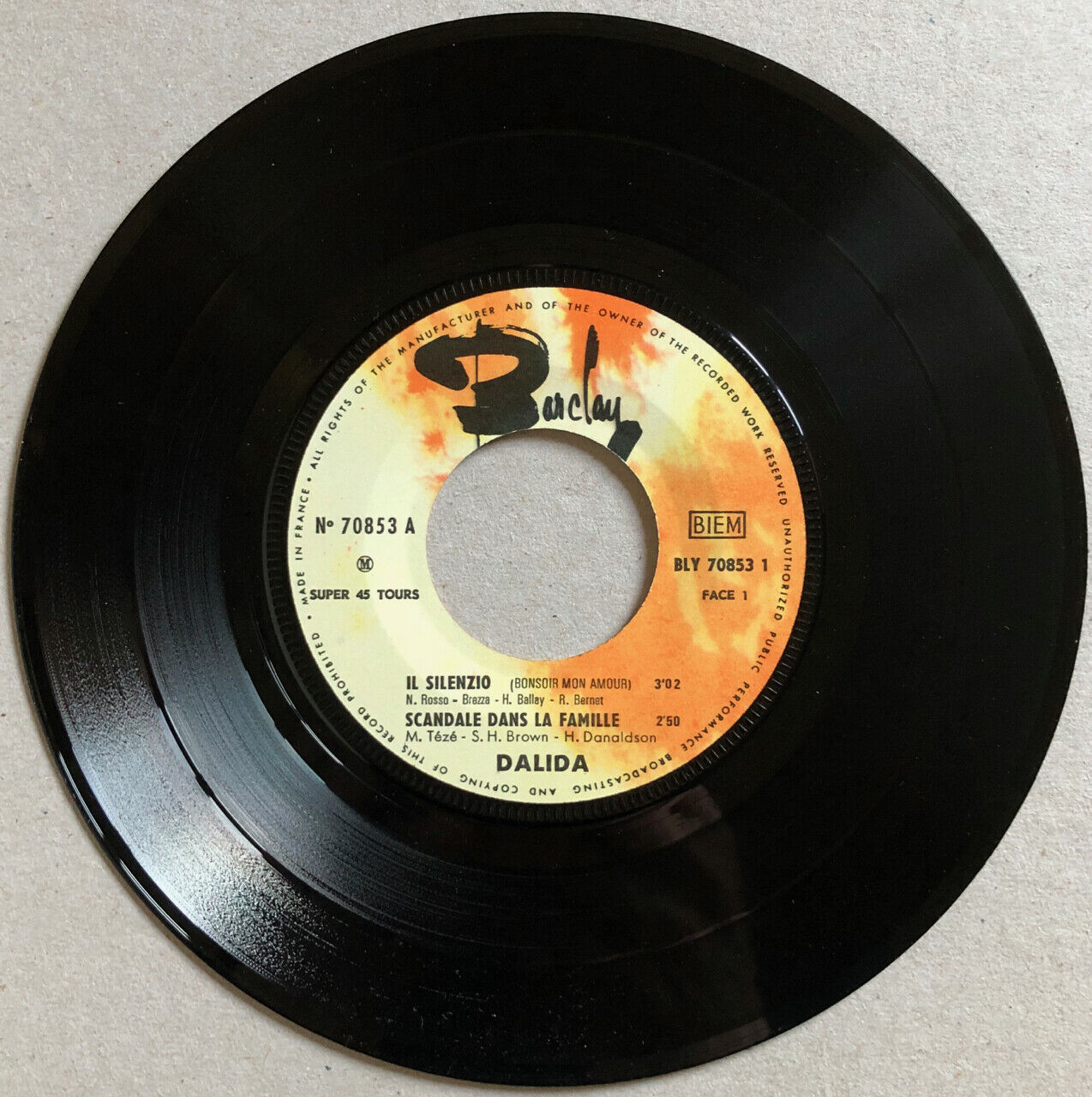 Dalida — Il Silenzio + 3 — pressage original français — Barclay 70853 — 1965.