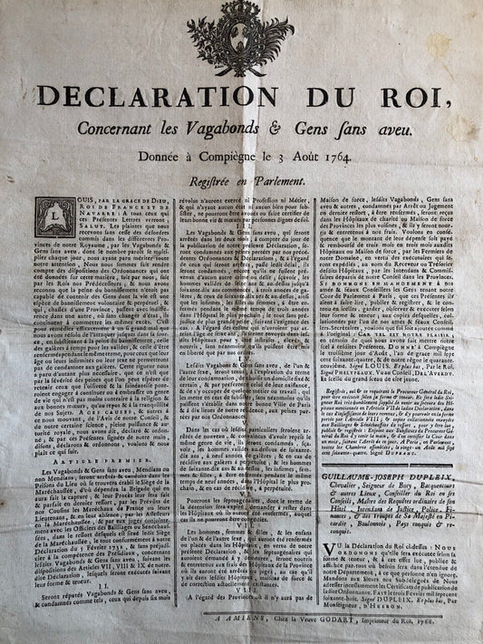 Declaration of the King concerning vagrants &amp; people without a confession — Compiègne — 1768