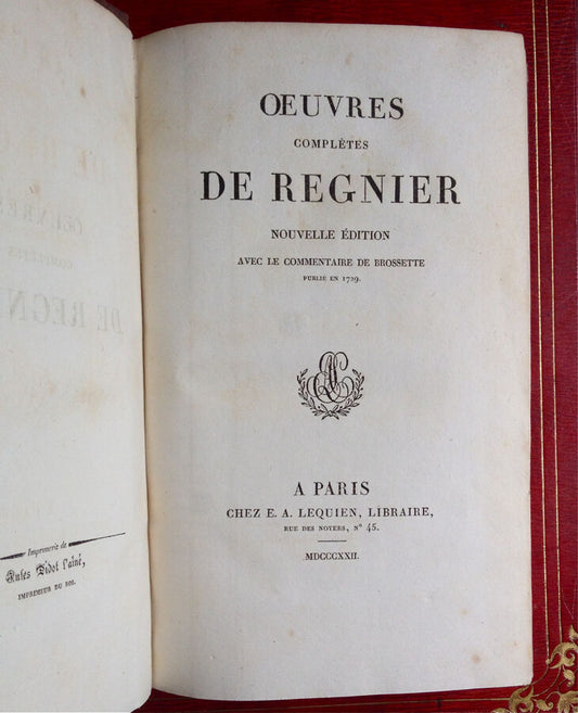 OEUVRES COMPLÈTES DE MATHURIN RÉGNIER, COMMENTAIRE DE BROSSETTE - LEQUIEN - 1822