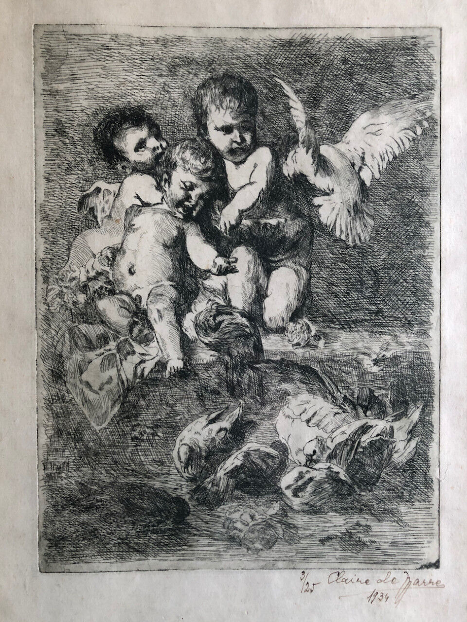 Putti & colombes — pointe sèche signée en bas à droite numérotée et datée 1934.