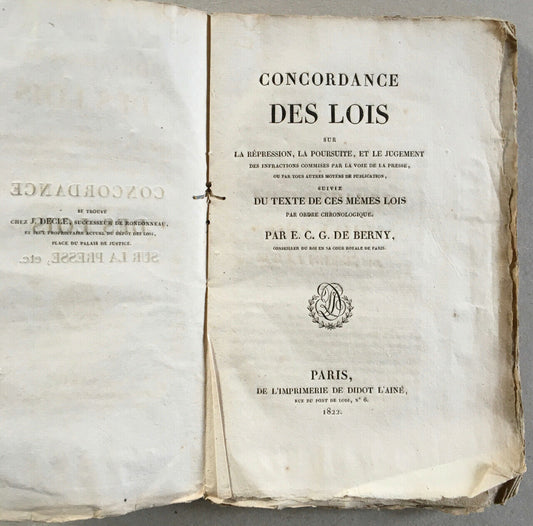 E.C.G. de Berny — Concordance des lois sur la presse — é.o. — Didot — 1822.
