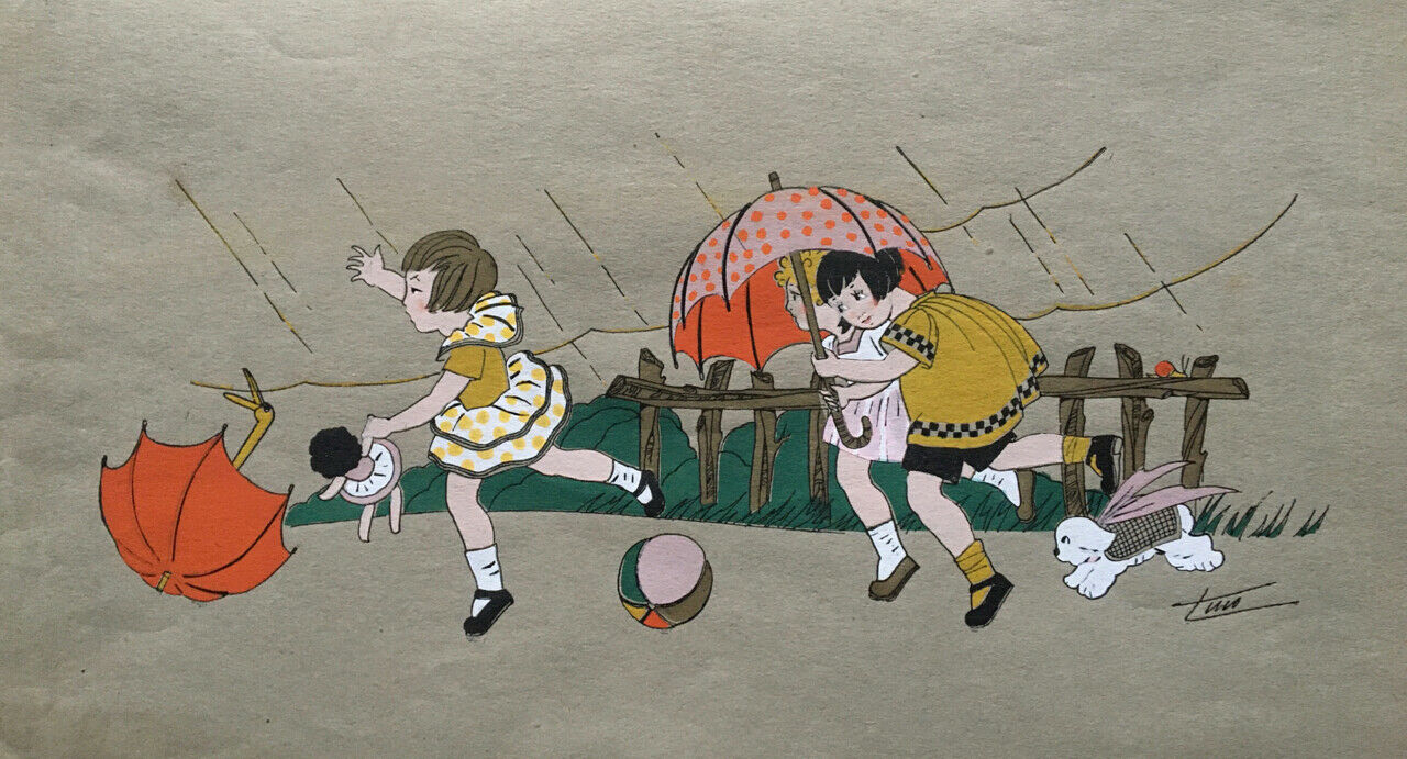 Tino — 2 stencils: "the costume ball" &amp; "the downpour" — enfantina — circa 1920.