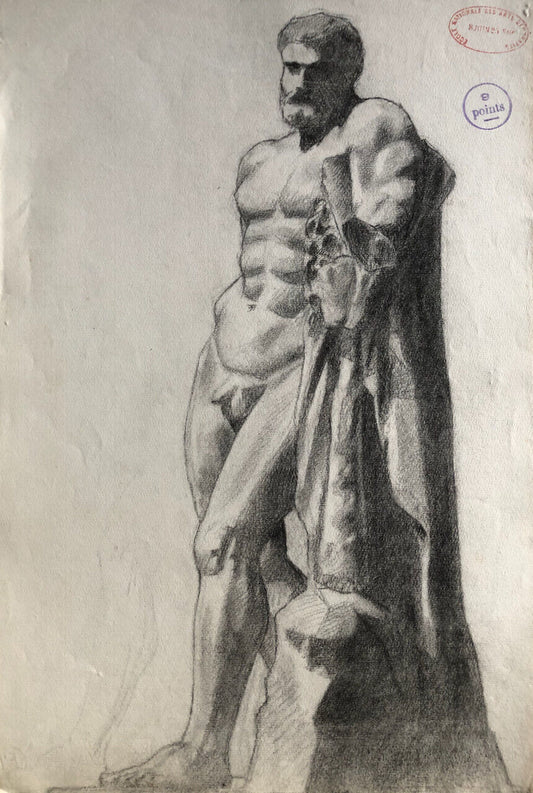 Statue d'après l'antique — dessin académique — fusain sur papier —  47,5 x 32 cm