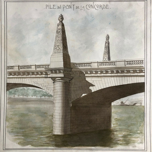 Pont de la Concorde — academic watercolor drawing, titled &amp; signed — 1913.