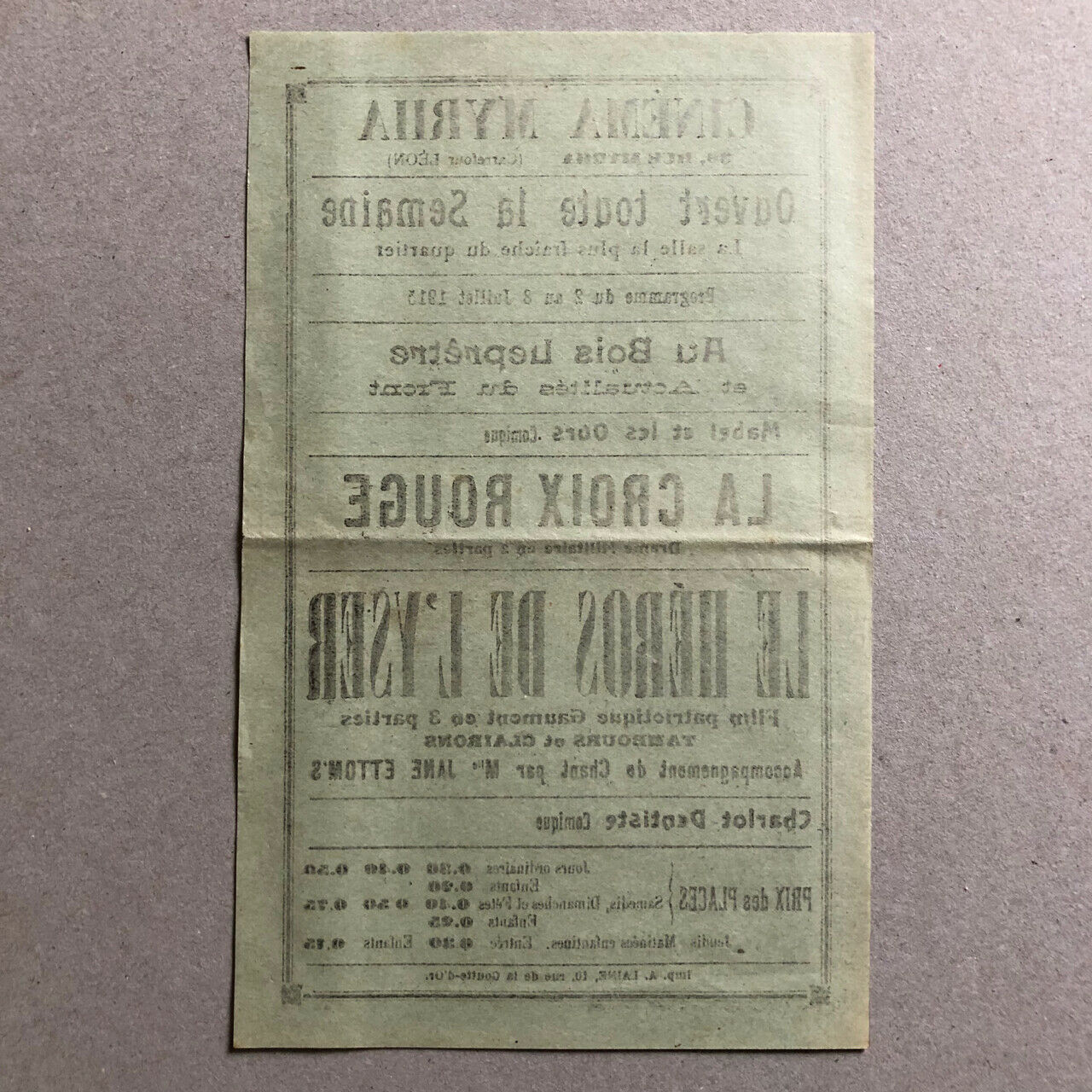 Cinema Myrha — film program / flyer — Charlot dentist — July 1915.