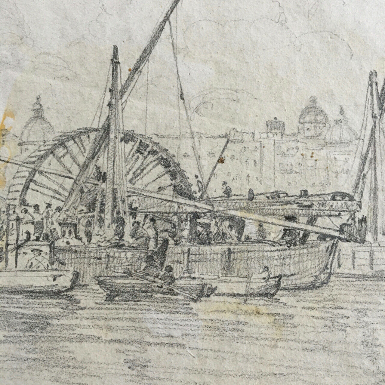 Scène de port en Italie avec machinerie — mine de plomb — 28,5 x 22 cm.