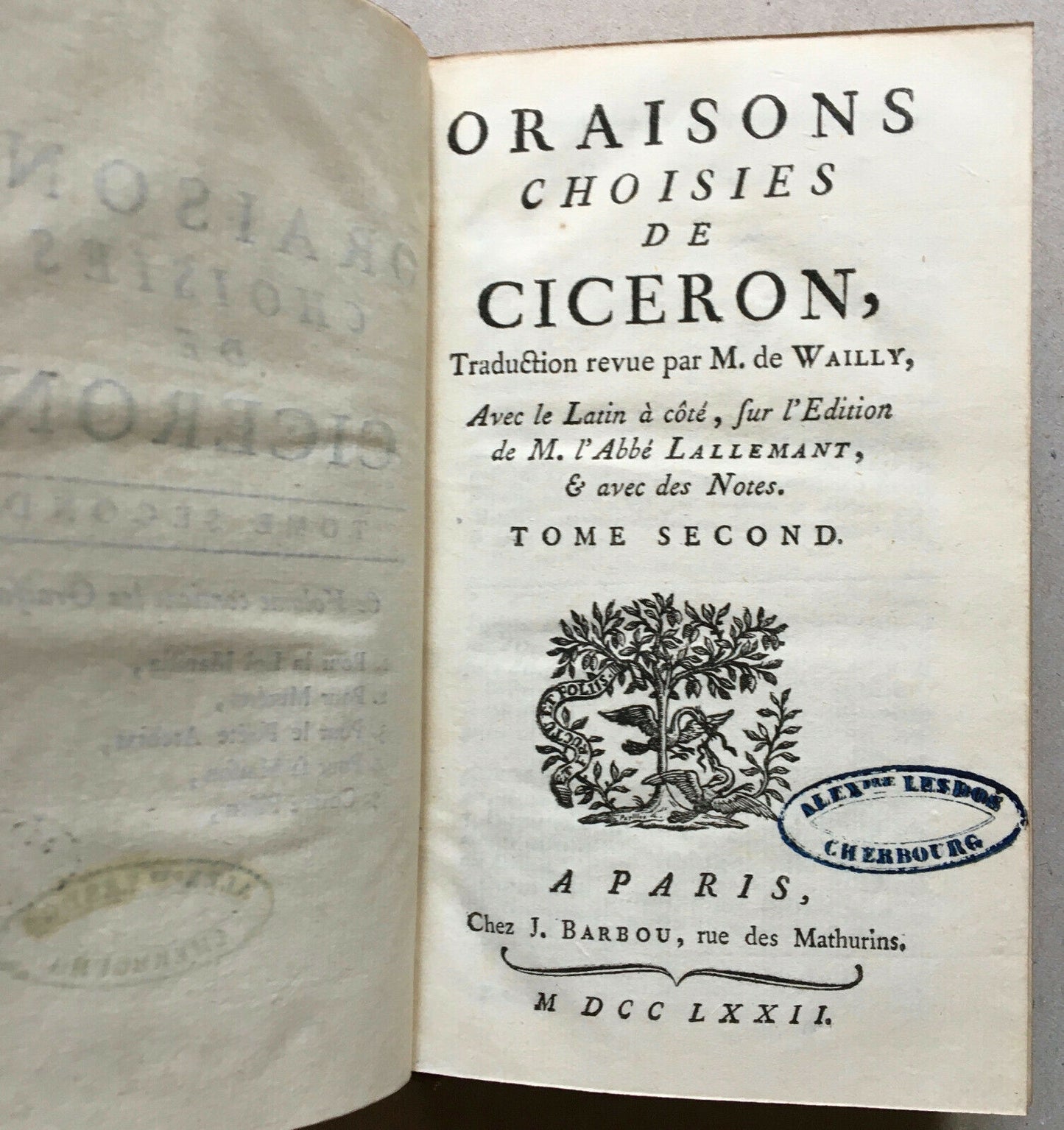 Cicéron — Oraisons choisies — bilingue, trad. de Wailly — 3 vol. — Barbou — 1772