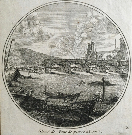 View of stone bridge in Rouen — etching — 15 x 15.5 cm. - vs. 1700.