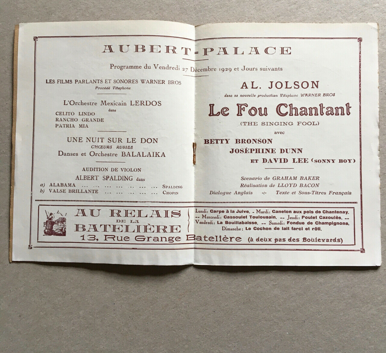 Jolson, Al — Le Fou chantant — programme de la sortie francaise — talkie — Aubert-Palace — 27 décembre 1929