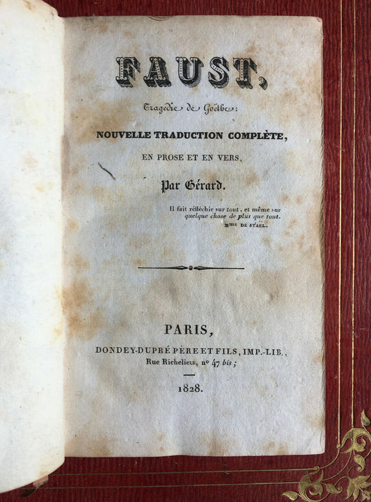 Goethe, Gérard de Nerval — Faust — 1ère éd. de la trad.  — Dondey-Dupré — 1828.