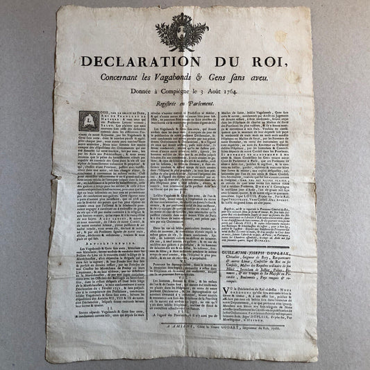 Declaration of the King concerning vagrants &amp; people without a confession — Compiègne — 1768