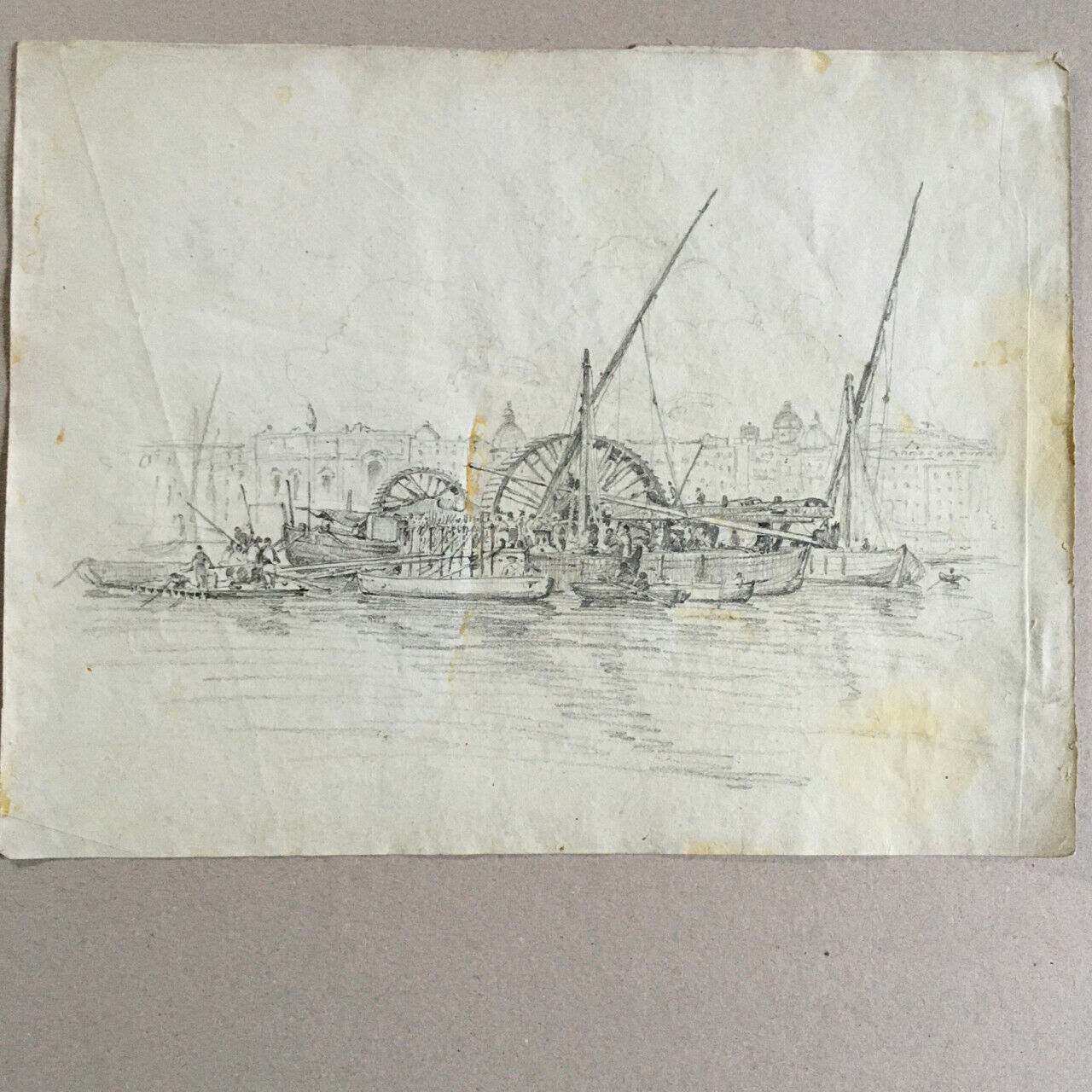 Scène de port en Italie avec machinerie — mine de plomb — 28,5 x 22 cm.