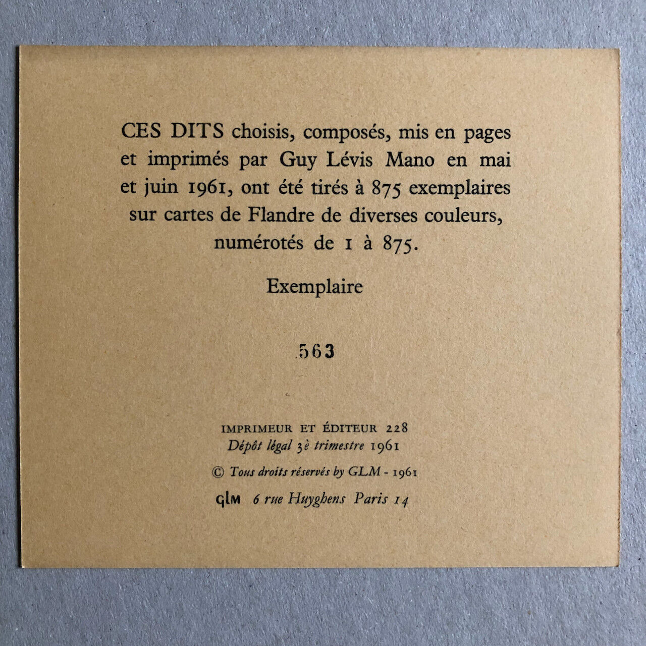 Dits — recueil de 16 aphorismes sur cartes bristol — é.o. - n°/875 — GLM — 1961.