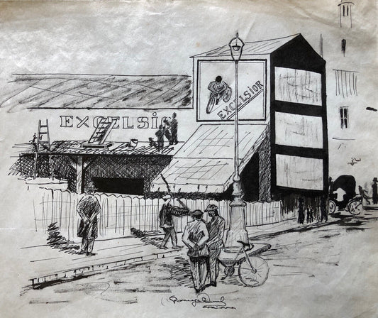 Excelsior cycle factory — bicycles, motorcycles — signed ink drawing
