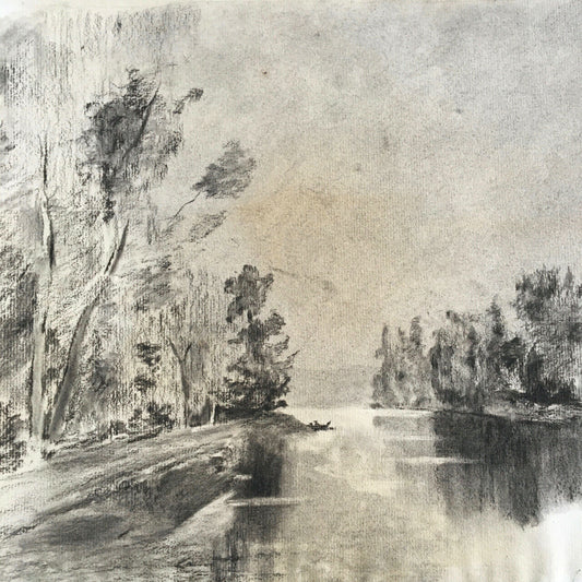 Paysage rivière animé — dessin au fusain sur papier vergé Sennelier — 48x29 cm.