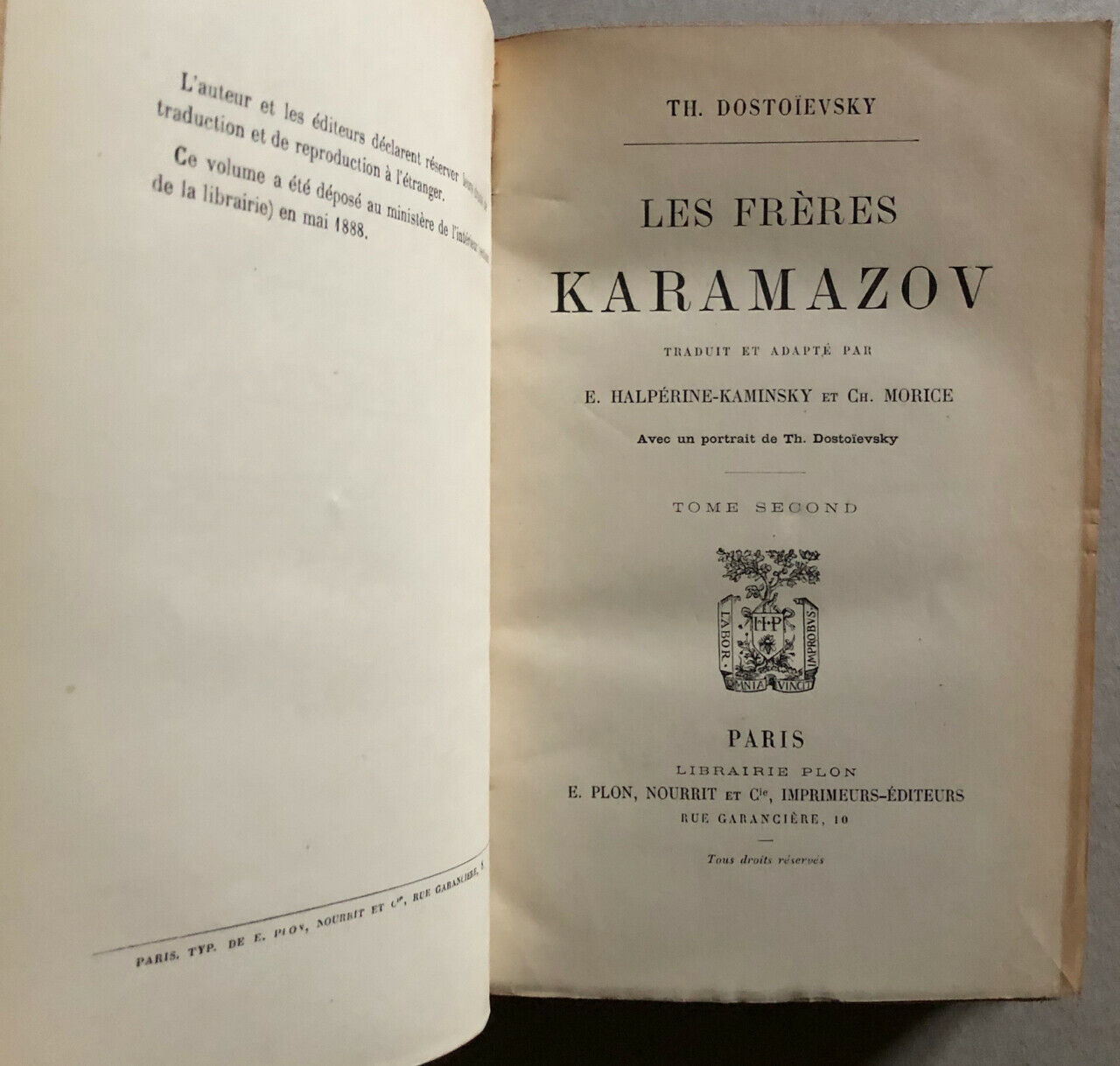 Fyodor Dostoyevsky — The Brothers Karamazov — 1st ed. from the translation — Plon — [1888]