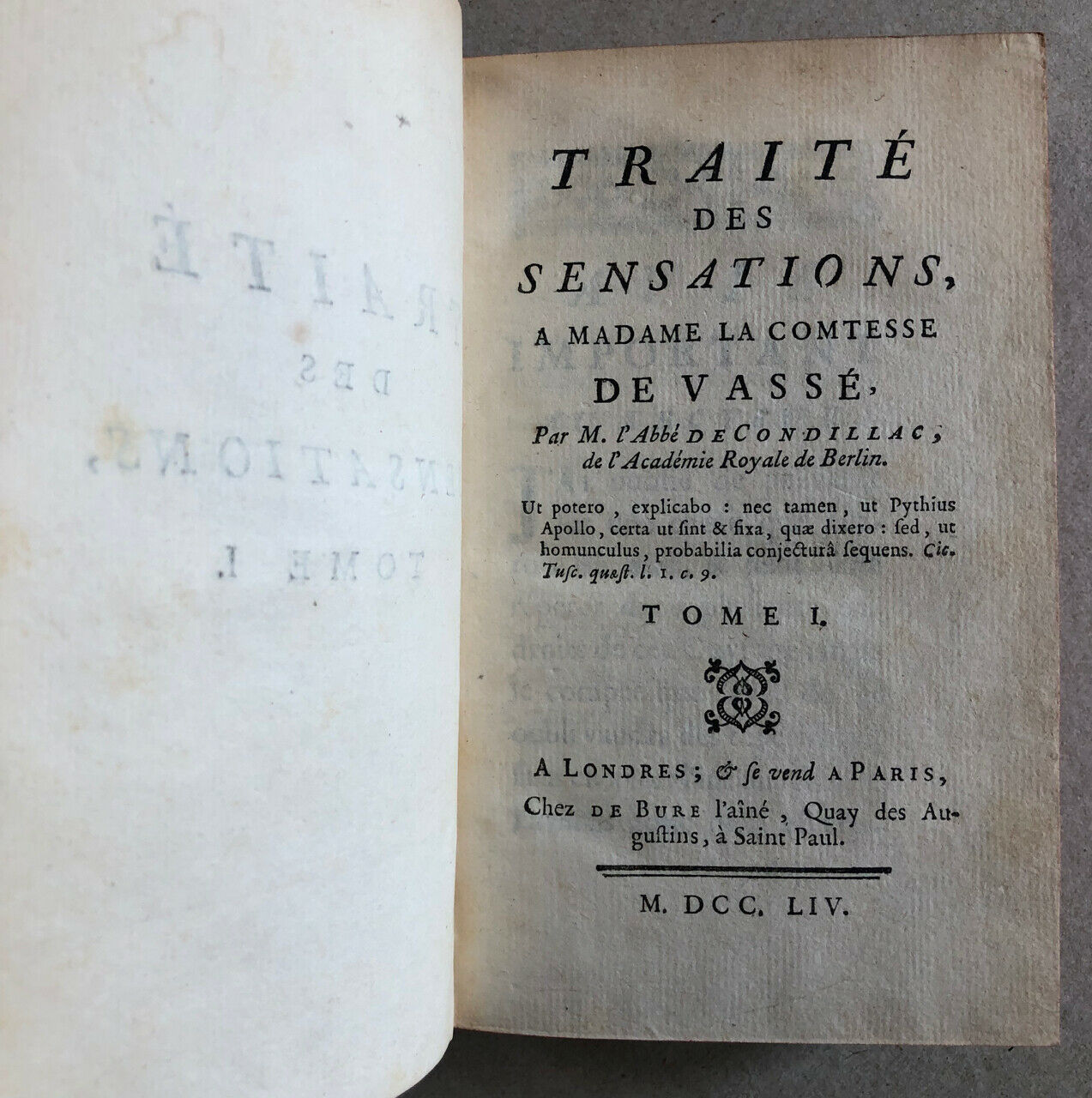Condillac — Traité des sensations — é.o. — reliure aux armes — de Bure — 1754