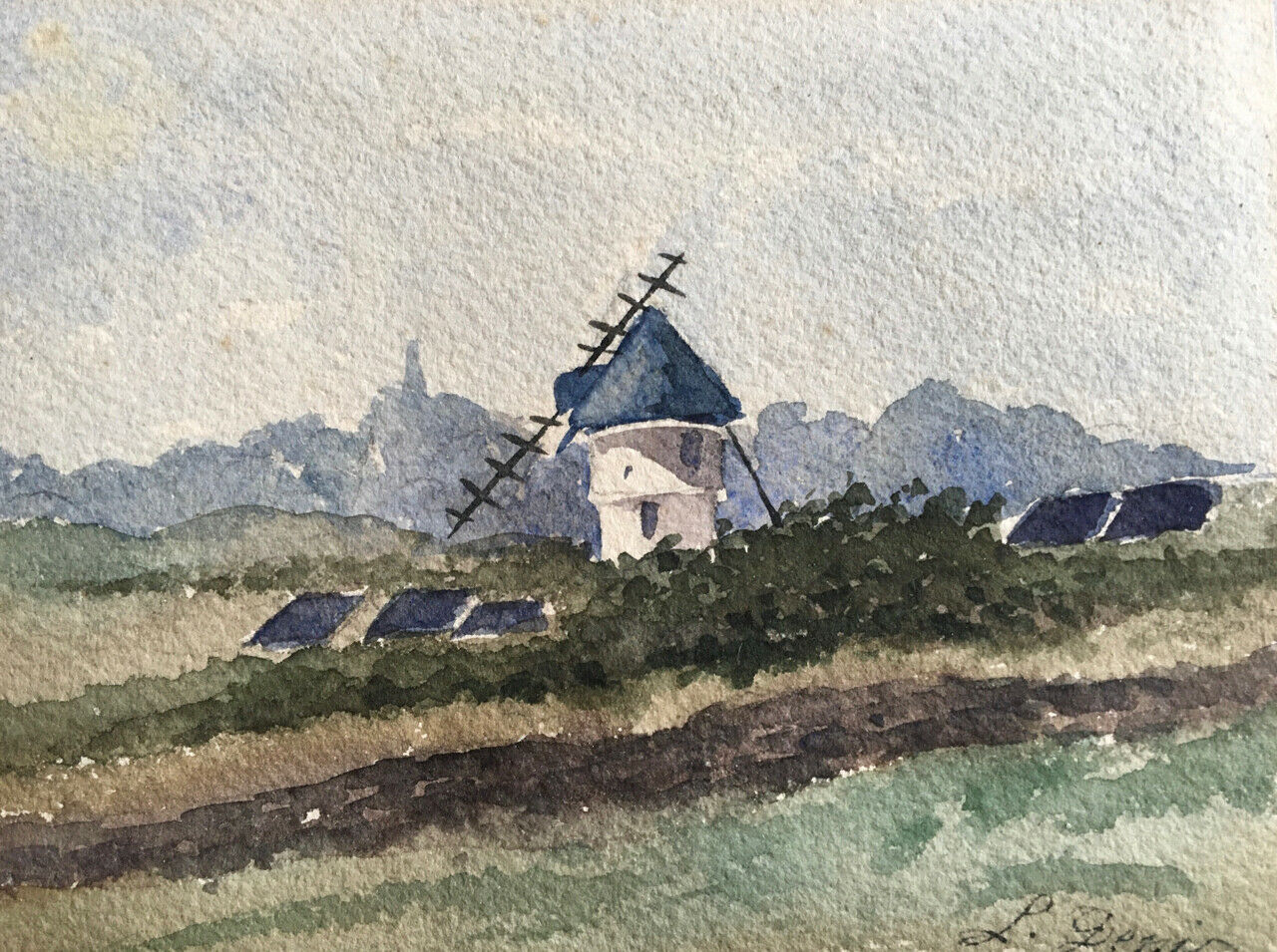 Léonie Denis  — Moulin du Bourg de Batz — aquarelle sur papier signée en bas.