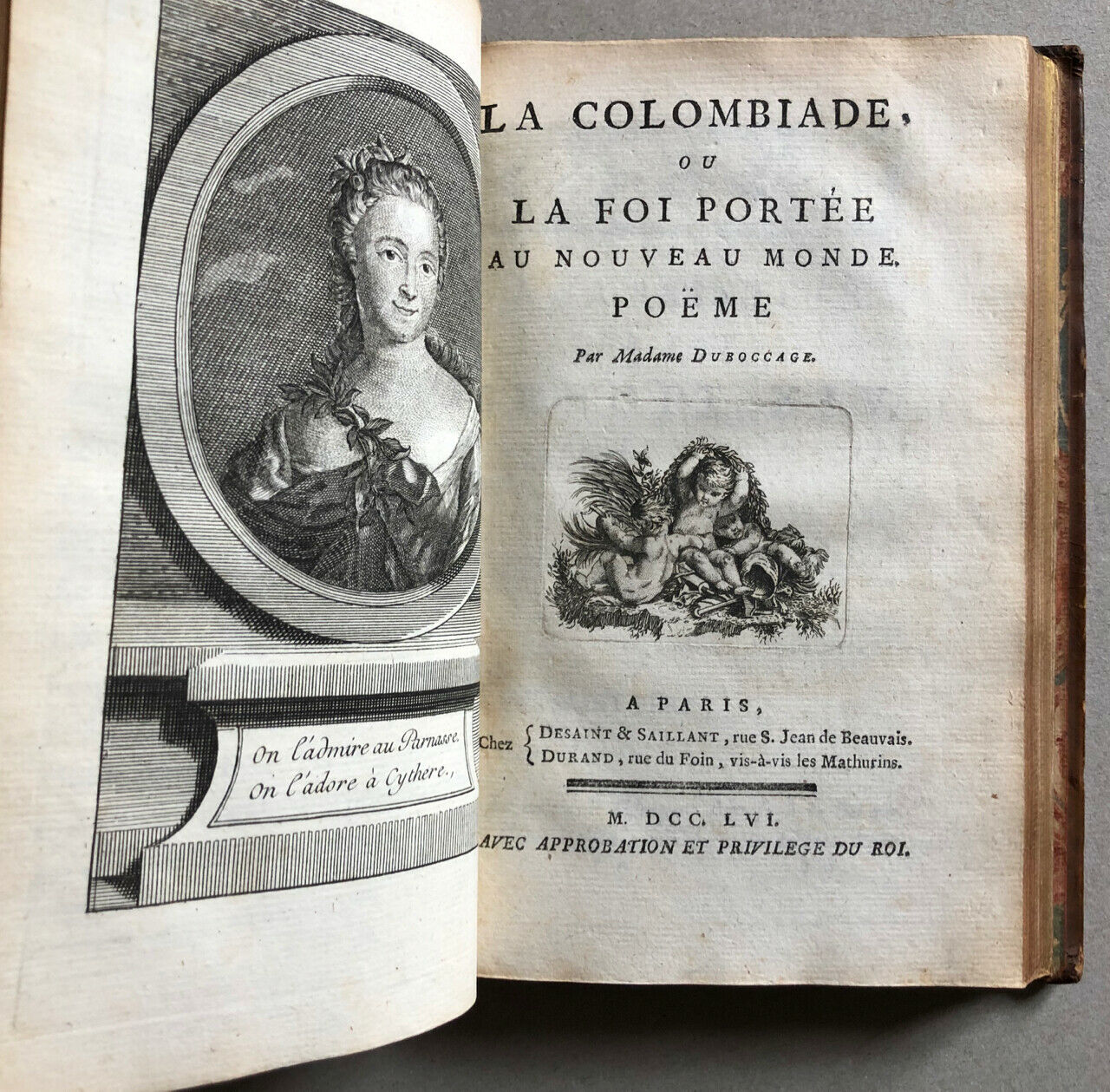 Duboccage — La Colombiade — é.o. — Paradis terrestre — reliure aux armes — 1756.