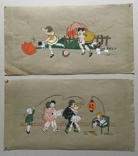 Tino — 2 stencils: "the costume ball" &amp; "the downpour" — enfantina — circa 1920.