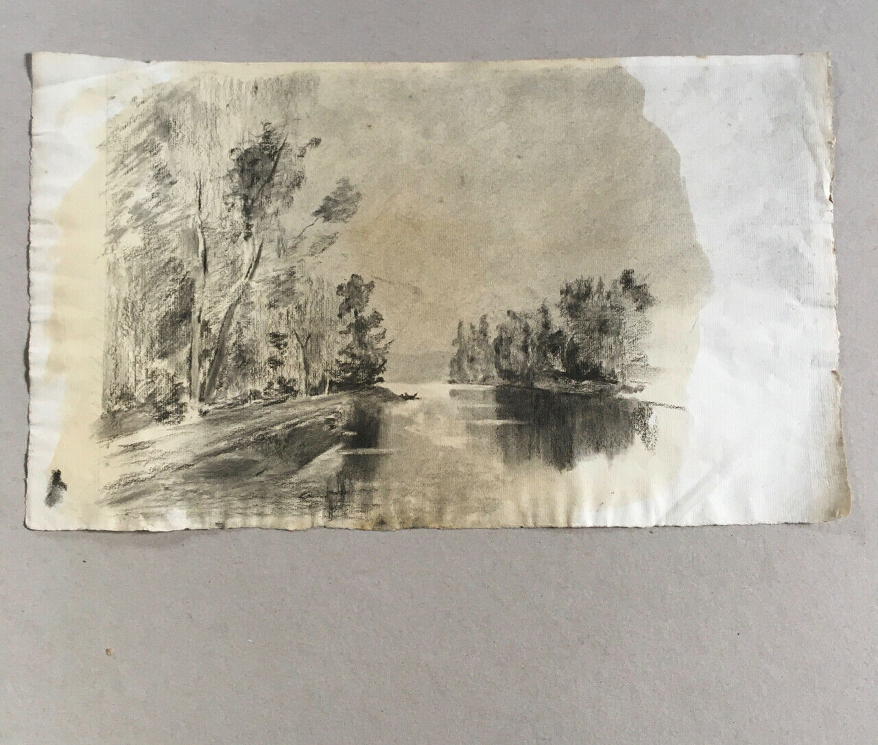 Animated river landscape — charcoal drawing on Sennelier laid paper — 48x29 cm.