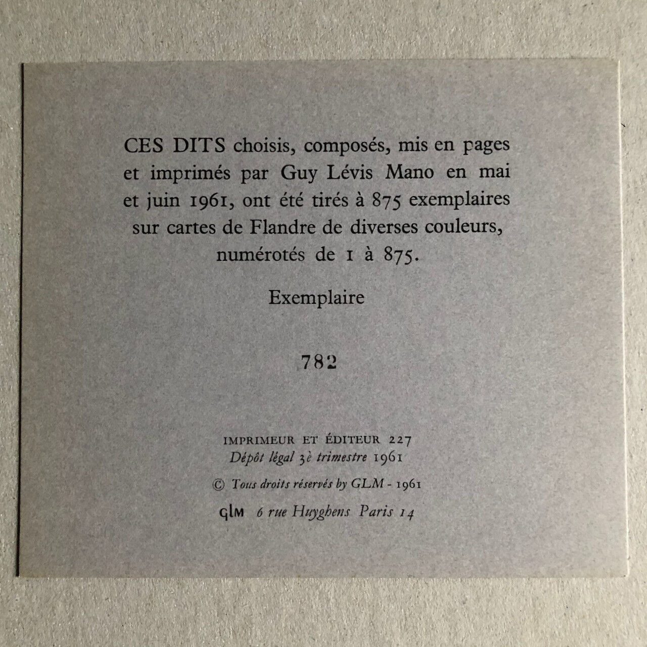 Dits II — recueil de 16 aphorismes sur cartes bristol — é.o. n°/875 — GLM — 1961