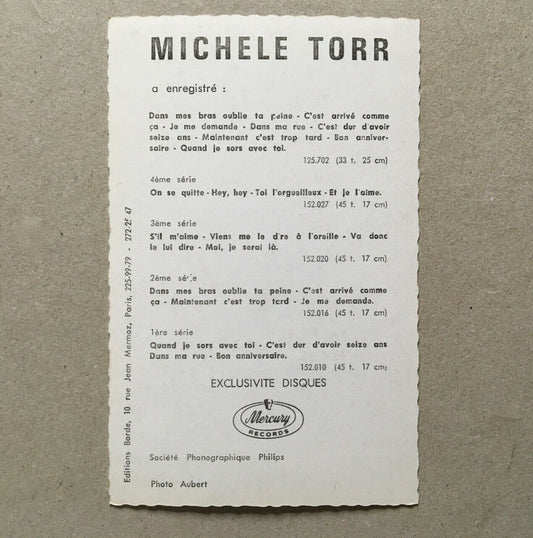 Michèle Torr — autographed photo card — photo Aubert for Mercury — circa 1965.