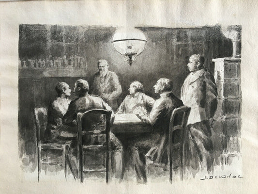 Jules Delonde — Les joueurs de carte — lavis signé en bas à droite — circa 1900.