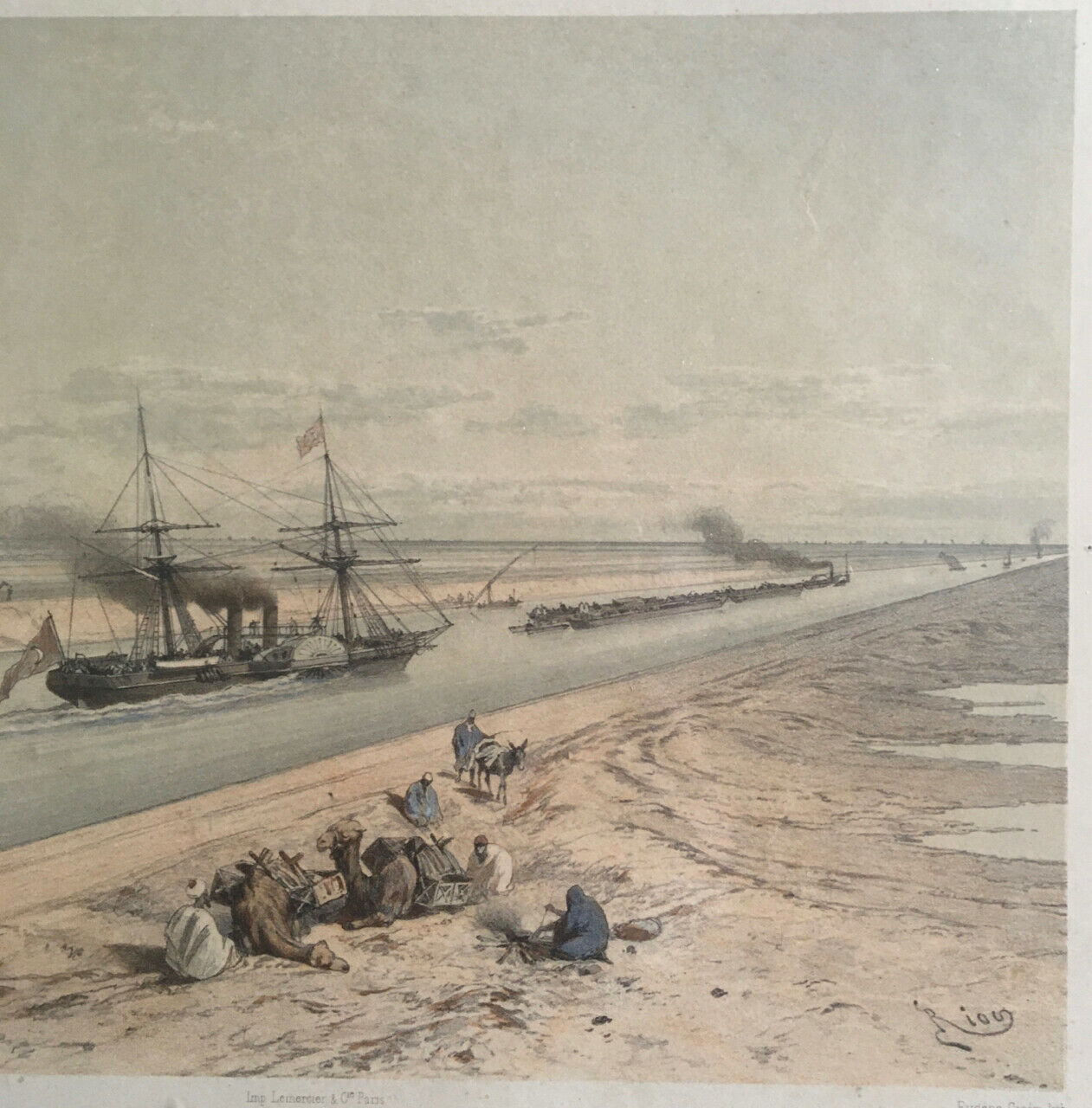 Edouard Riou — Bateau à aubes turc sur le canal de Suez — 50 x 40 cm. — c. 1870