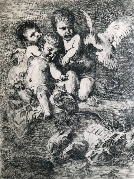 Putti & colombes — pointe sèche signée en bas à droite numérotée et datée 1934.