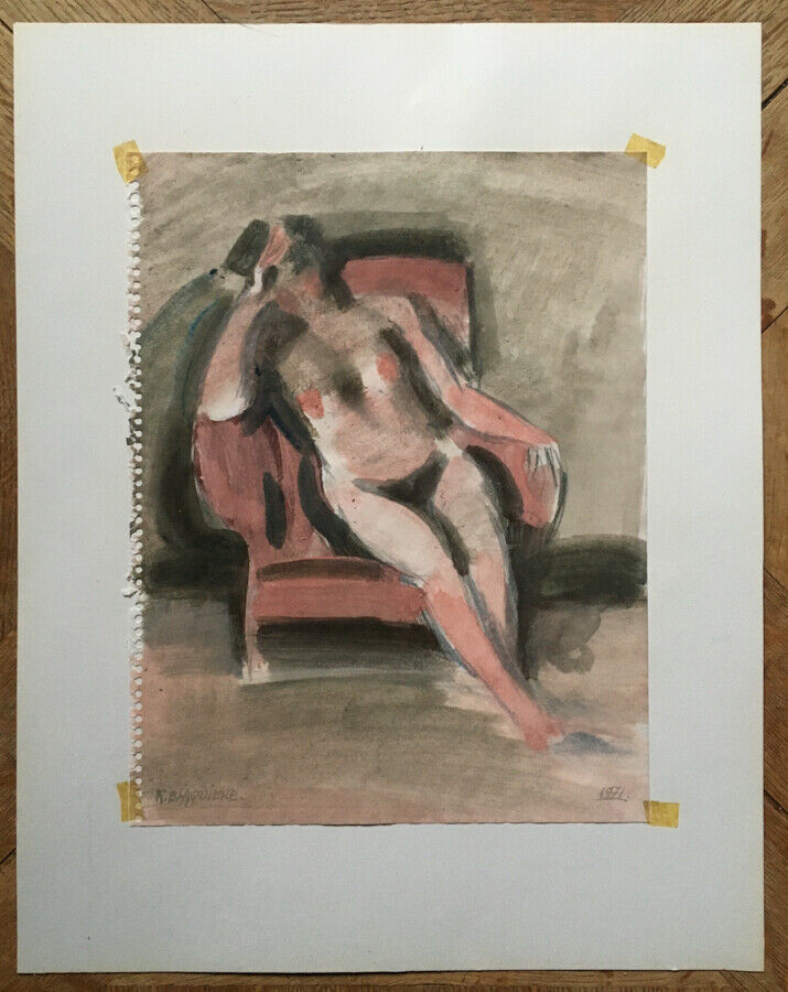 ROGER BLAQUIÈRE - NU ASSIS DANS UN FAUTEUIL - AQUARELLE SIGNÉE & DATÉE - 1971.