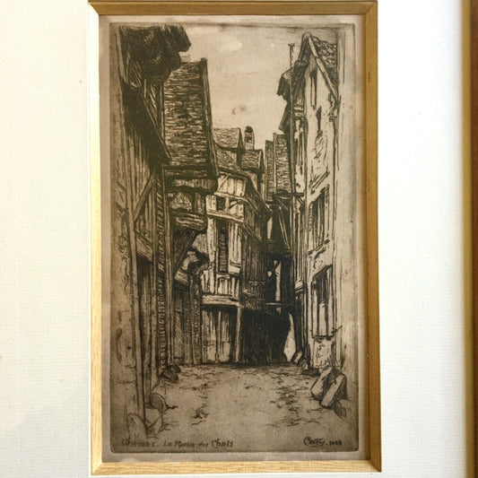 Vallois — Troyes - La Ruelle des chats — etching signed in the plate — 1928