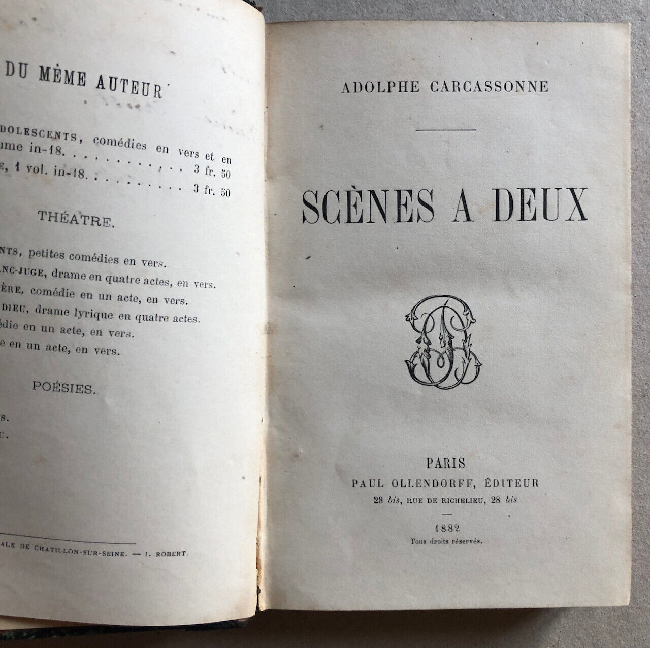 Adolphe Carcassonne — Scènes à deux — é.o. envoi autographe — Ollendorff — 1882.