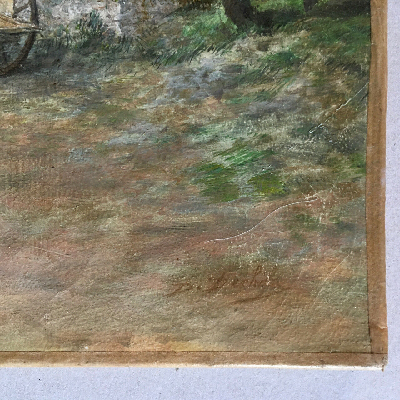 Farmyard with a cart — oil on canvas signed lower right — 35 x 27.5