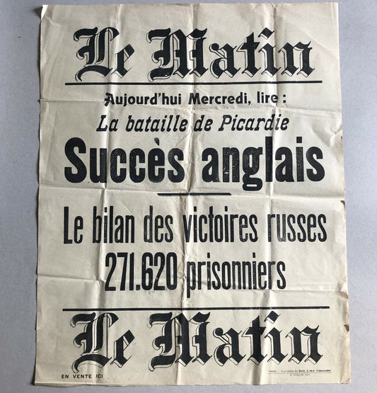 Le Matin — Succès anglais — Affichette de kiosque — 12 juillet 1916.