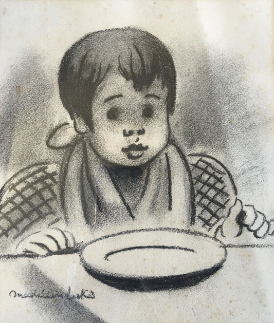 Madeleine Luka — Child seated — charcoal on paper signed lower left.