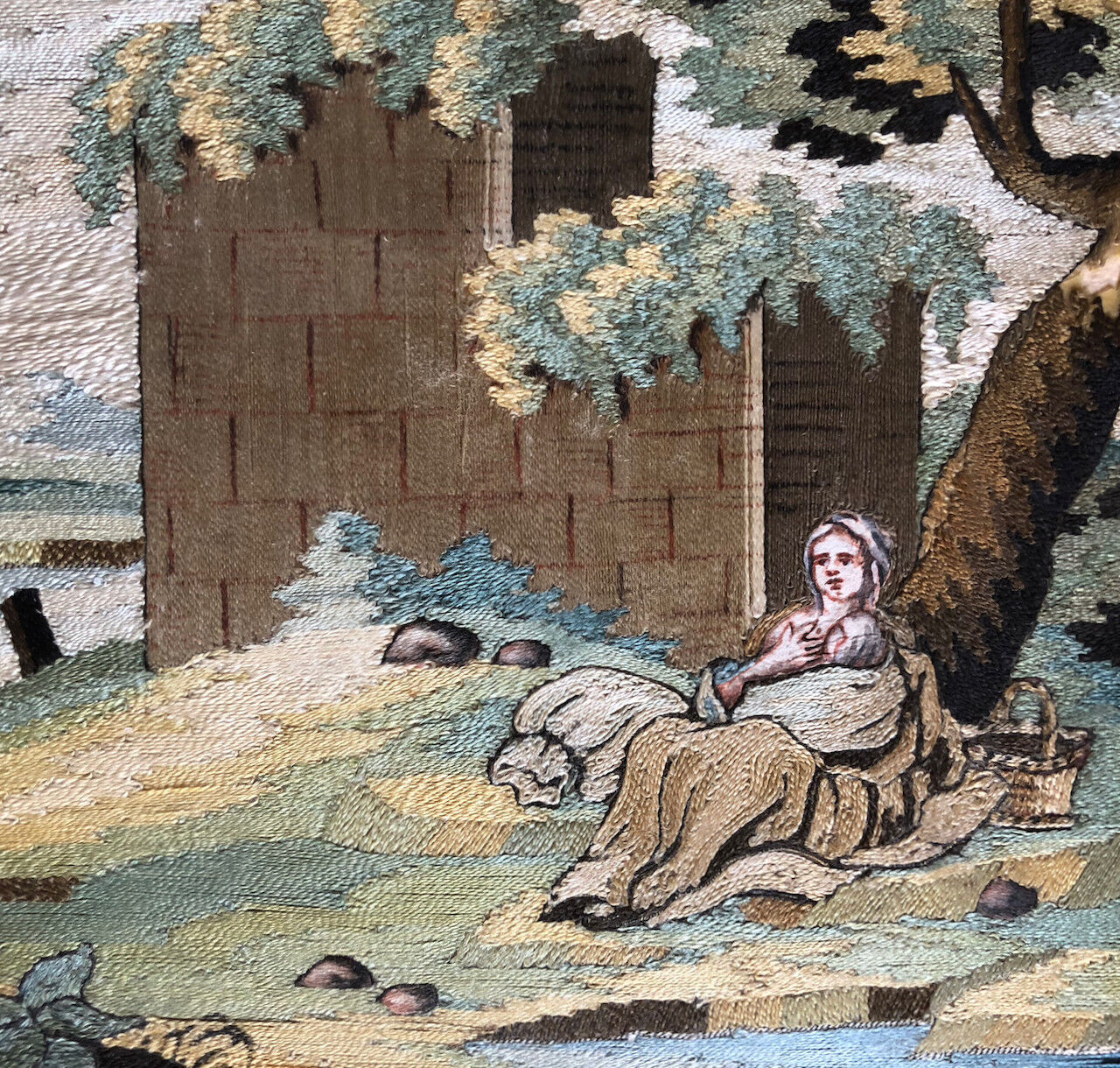 Paysanne allaitant sous un arbre — tableau à fils collés — Italie — XVIIIe.