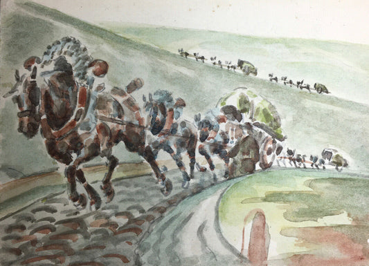 Carriages going up the hill — watercolor on the back of an invitation — Bazin, Mouillot.
