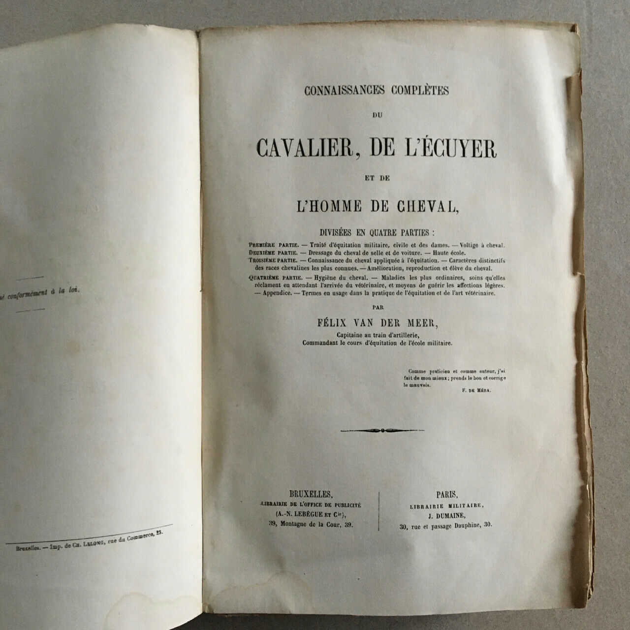 Félix van der Meer — Complete knowledge of the rider — 13 pl. — Lebegue 1865