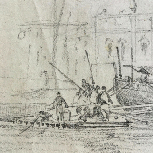 Port scene in Italy with machinery — graphite — 28.5 x 22 cm.