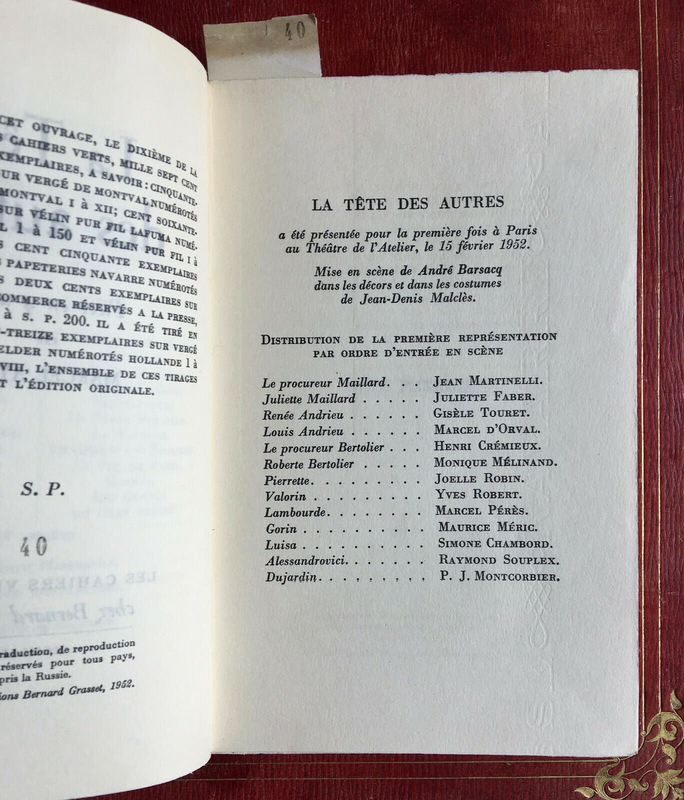 Marcel Aymé — La Tête des autres — É.O. — S.P. — Envoi — Cahiers verts — 1952.